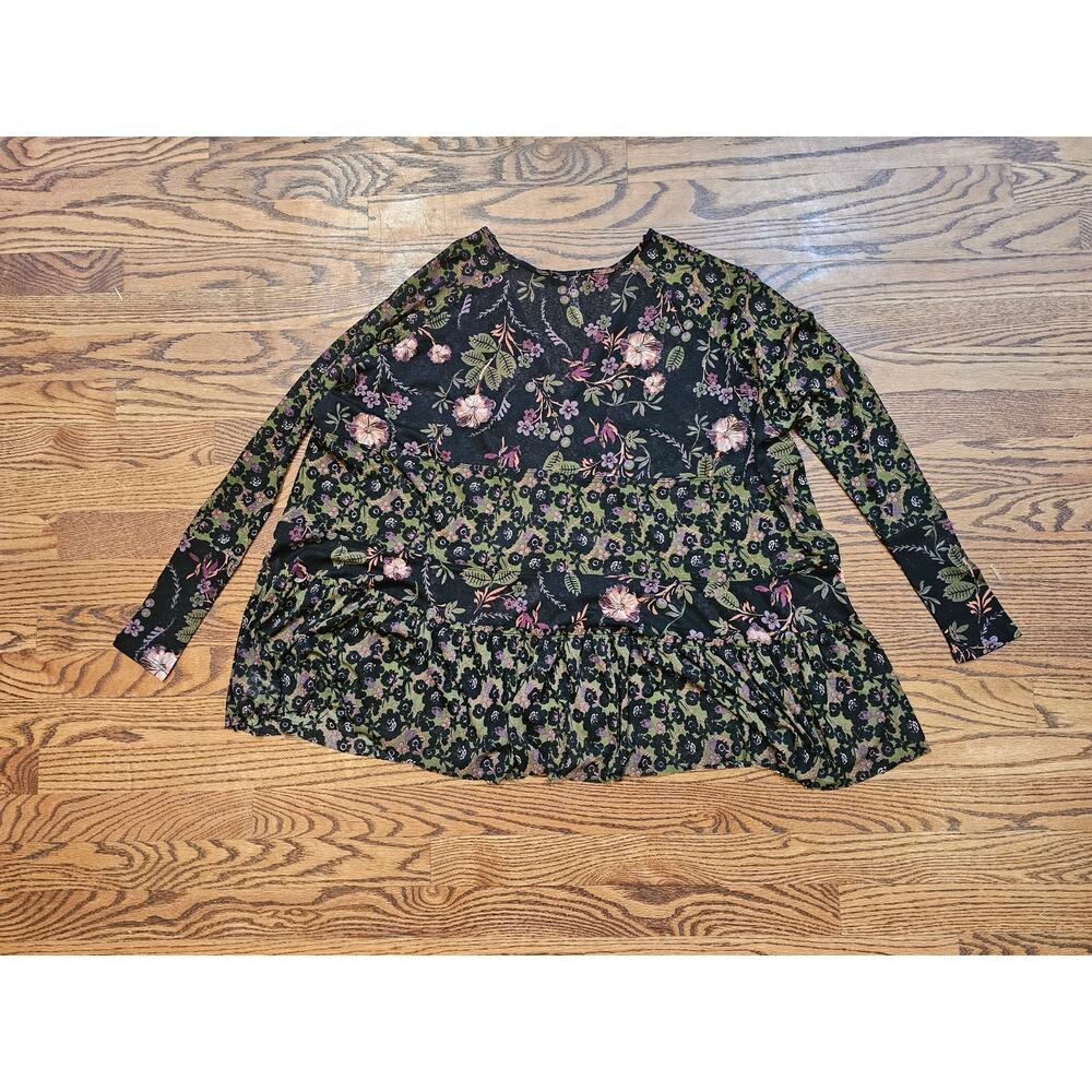 Free People Boho Floral Babydoll Tunic Top Black Pink XS Long Sleeve V Neck - Picture 6 of 6